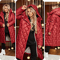 Женское теплое стеганное осенне-зимнее пальто на синтепоне прямого силуэта с капюшоном, батал большие размеры