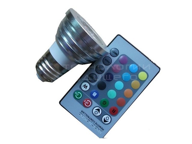Светодиодная лампа E27 1 PLT 1W 220V SPOT (RGB) с ДУ. - фото 1 - id-p12694