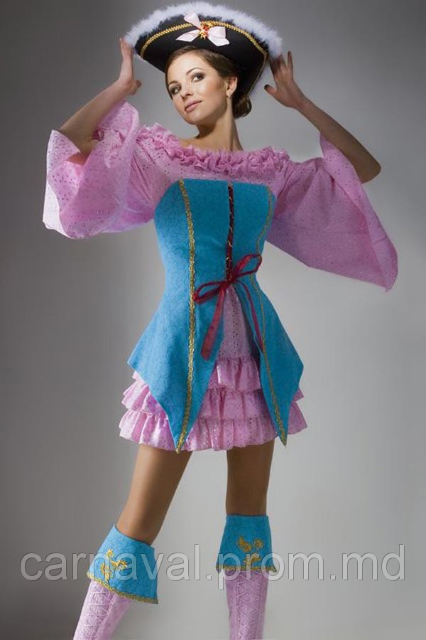 Взрослый, карнавальный костюм Пиратка бирюза-розовая Розалинда (платье, кафтан, шляпа, сапоги) - фото 1 - id-p2523682