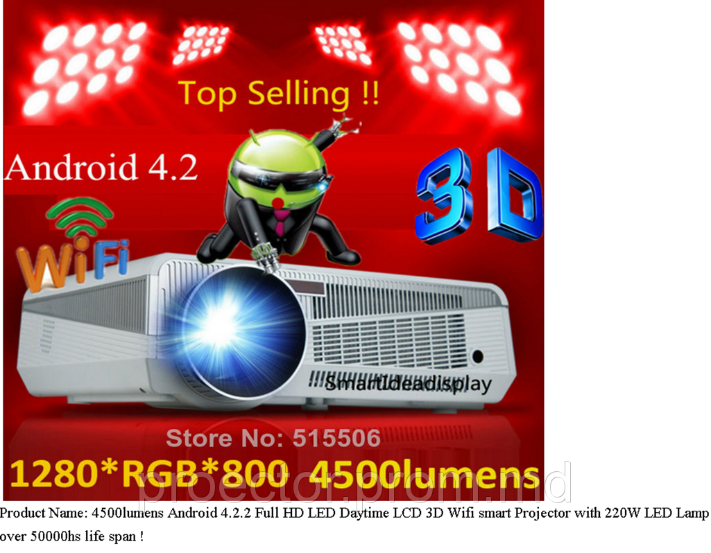 4500lumens Android 4.2.2 Full HD LED 3D Wifi smart проектор с 220W светодиодные лампы над 50000hs продолжитель - фото 1 - id-p2748483