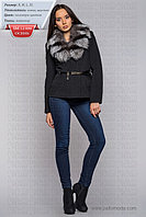 Пальто женское зимнее кашемировое короткое с натуральным мехом черно бурой лисы и песца "Лика" (черное)