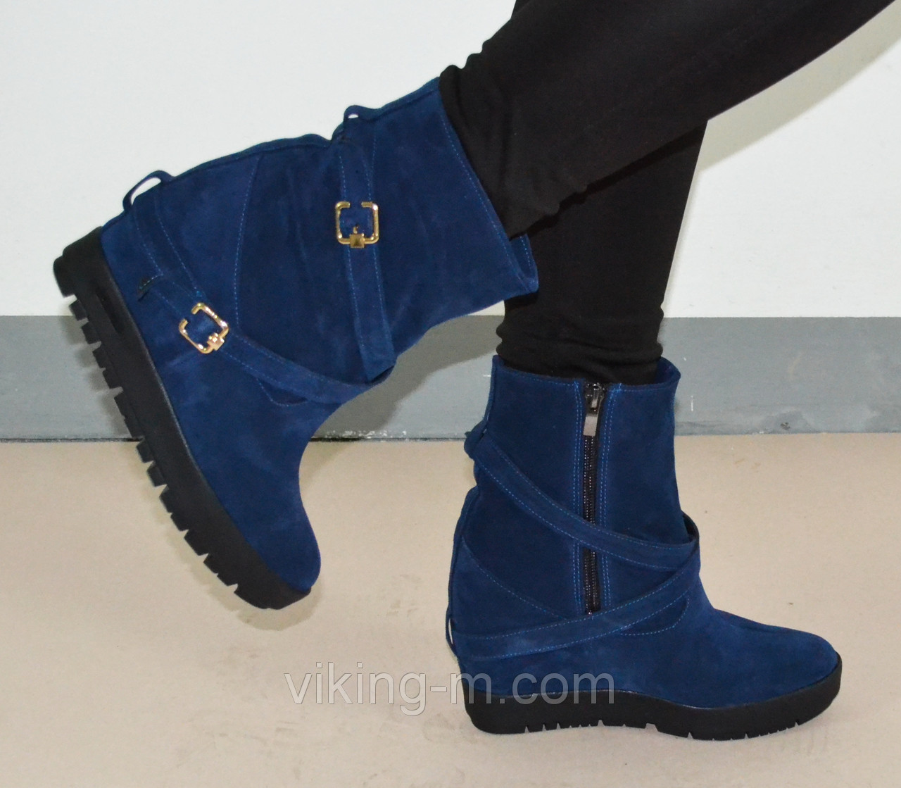 Ботинки замшевые женские осень-зима Джина синий замш - фото 1 - id-p3437086