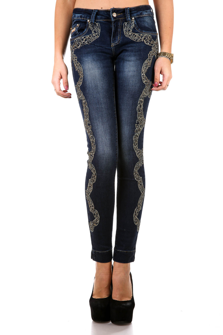 Джинсы женские темно-синие Lu Lu Jeans N0284 (5 ед. 25-29) аппликация ручной работы 11$ - фото 1 - id-p4250142