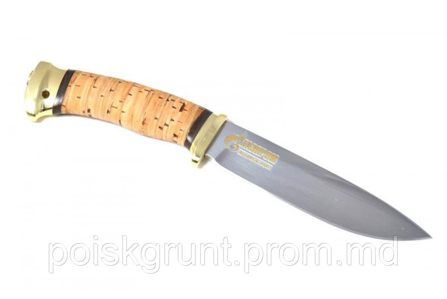 Нож Артыбаш (рукоять - береста, латунь, клинок- индивидуальная гравировка с золочением) - фото 1 - id-p4275954