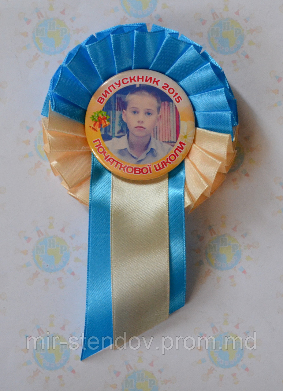 Значок Выпускник с фотографией и розеткой Бежево-голубая - фото 1 - id-p4432723