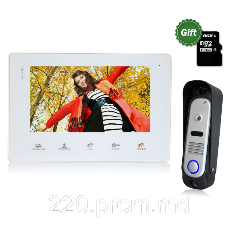 Комплект видеодомофон цветной Green Vision GV-053-J-VD7SD white + вызывная панель + карта памяти - фото 1 - id-p4681582